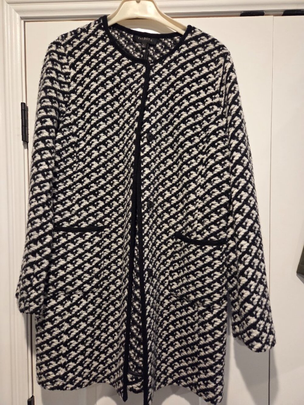 Talbots Classic Textured Tweed Collarless Coat Cardigan Black White Size